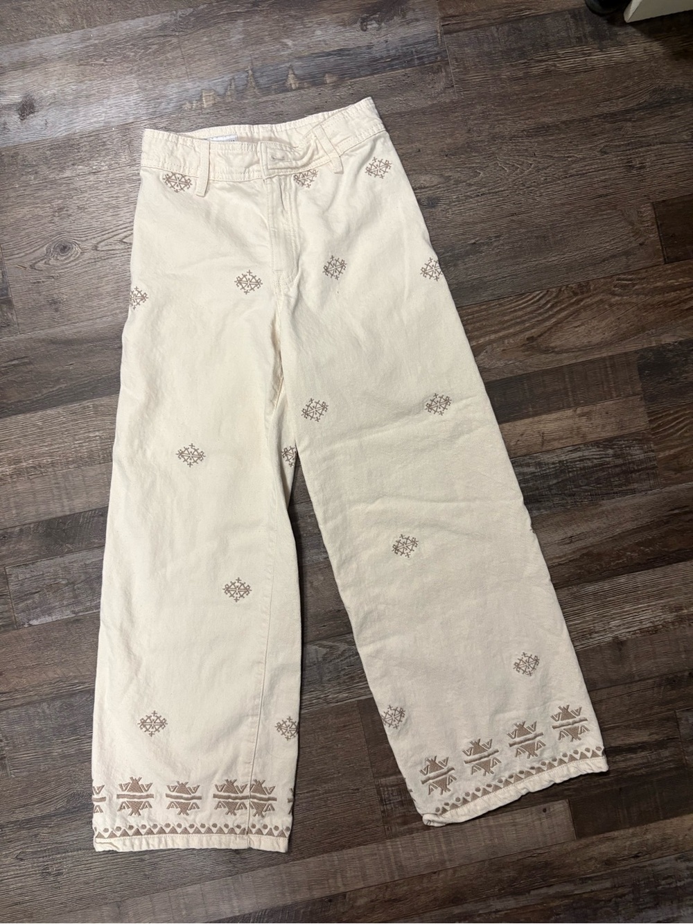 Zara Embroidered Cream Wide-Leg Pants